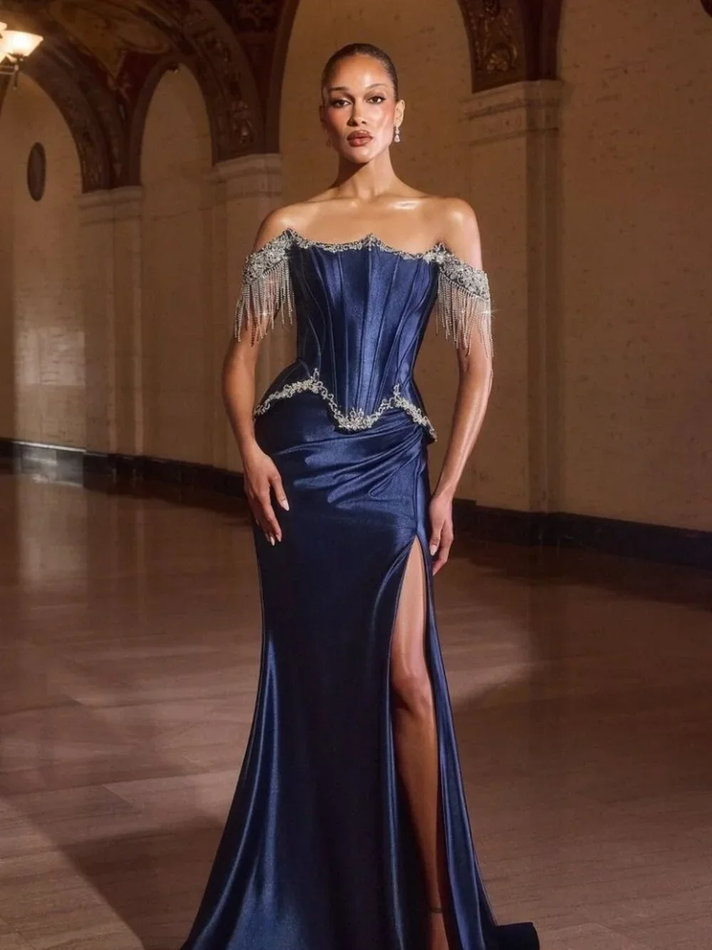 New Navy Beaded Festive Soft Satin Dress w/ Corset Bodice & Leg Slit CD688 - Picture 4 of 9